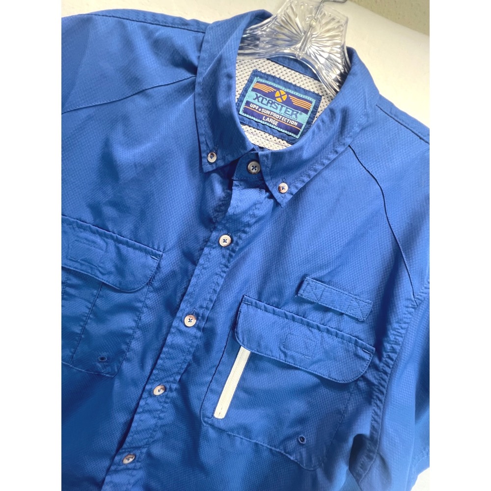 Xcaster Tallwoods Mens Large Blue Fishing Shirt Short Sleeve UPF Sun Protection
